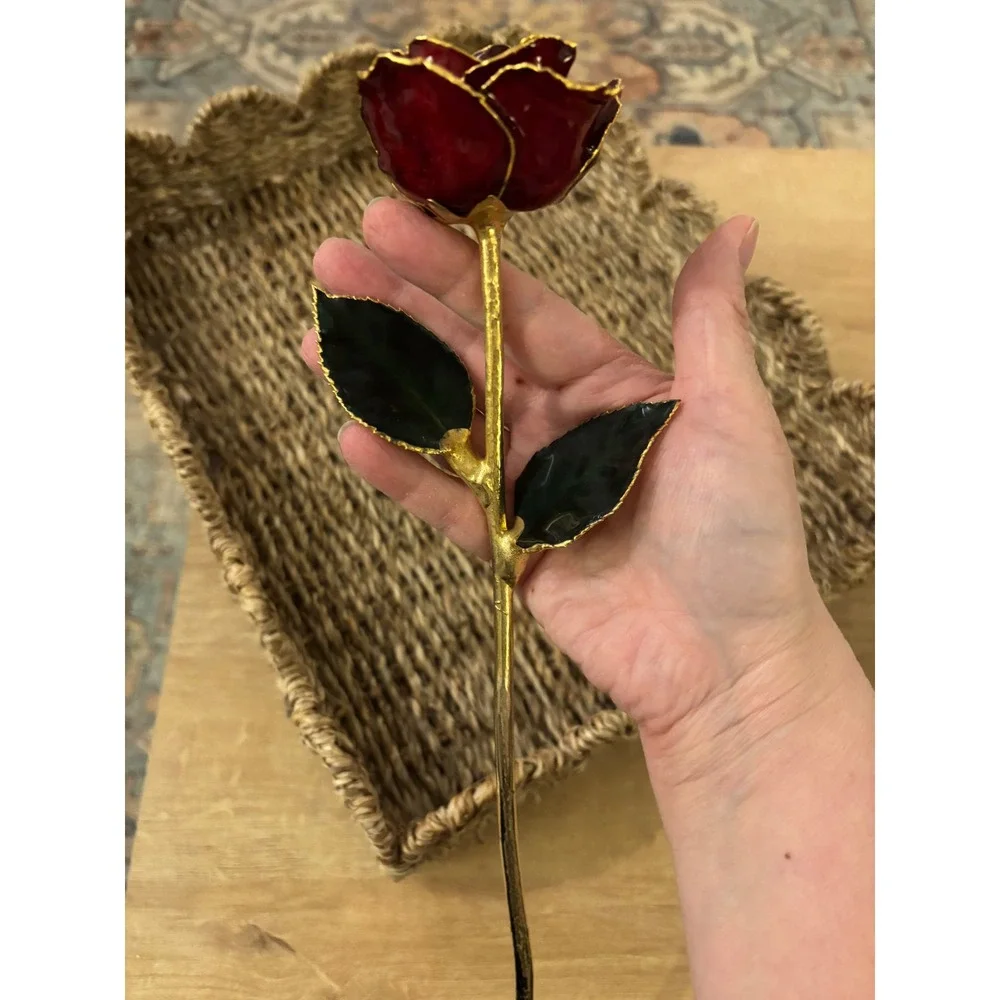 24k Gold Dipped Real Rose Red Lacquer Preserved Long Stem Gold Trim Ornament